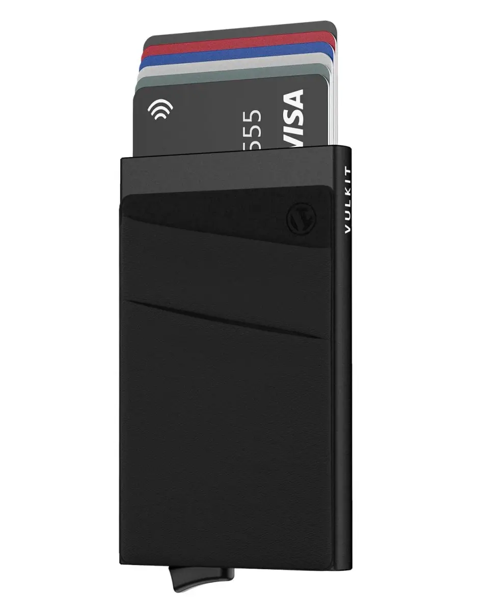 VULKIT Black Pop Up Card Holder Wallet with Money Pocket - RFID Blocking Slim Metal Bank Card Case - main product image
