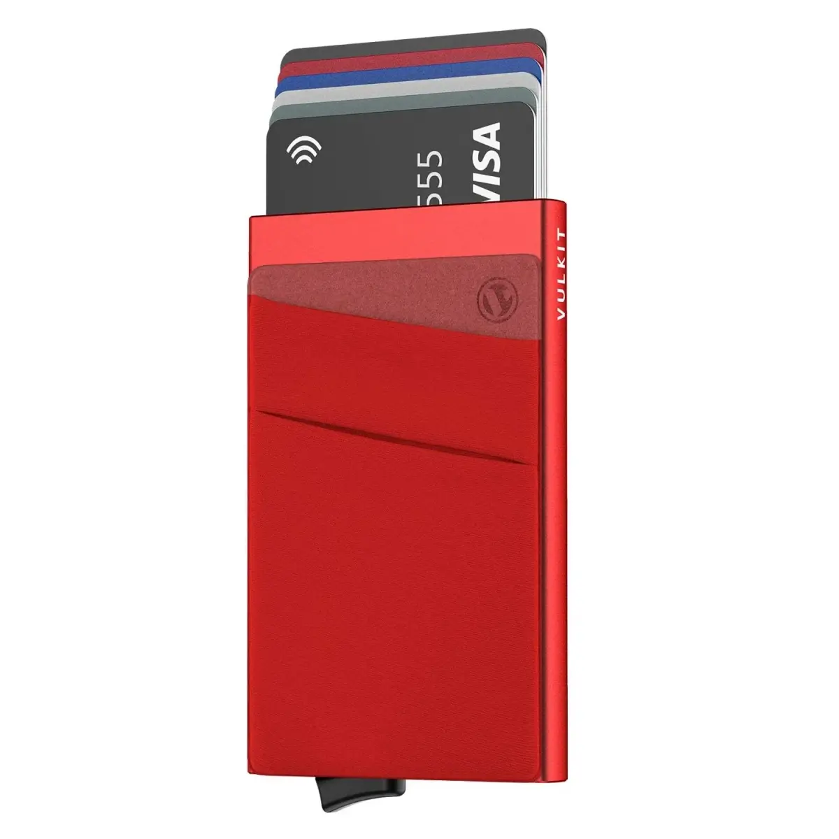 VULKIT Red Pop Up Card Holder Wallet with Money Pocket | RFID Blocking Slim Metal Bank Card Case - main product image