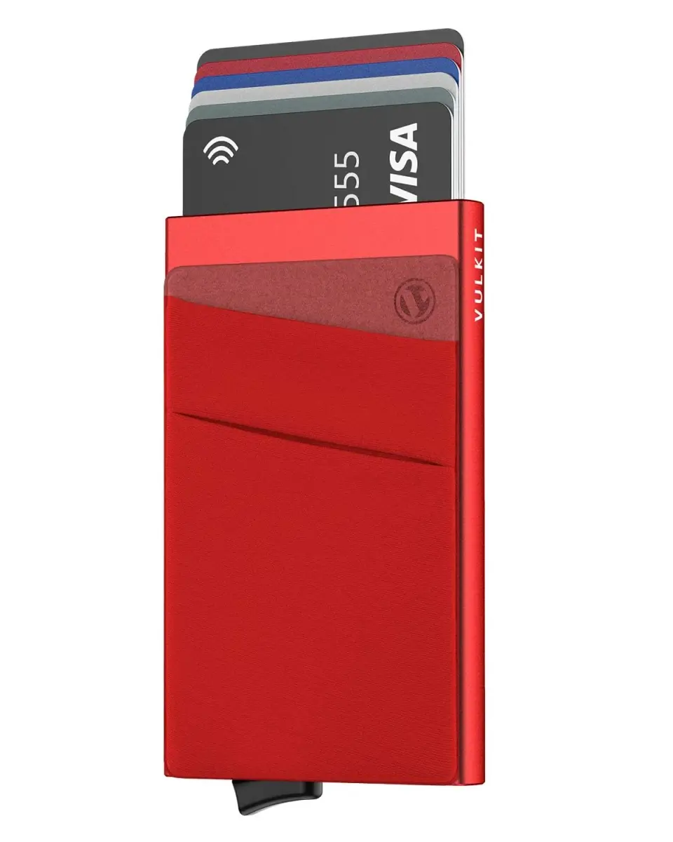VULKIT Red Pop Up Card Holder Wallet with Money Pocket | RFID Blocking Slim Metal Bank Card Case - main product image