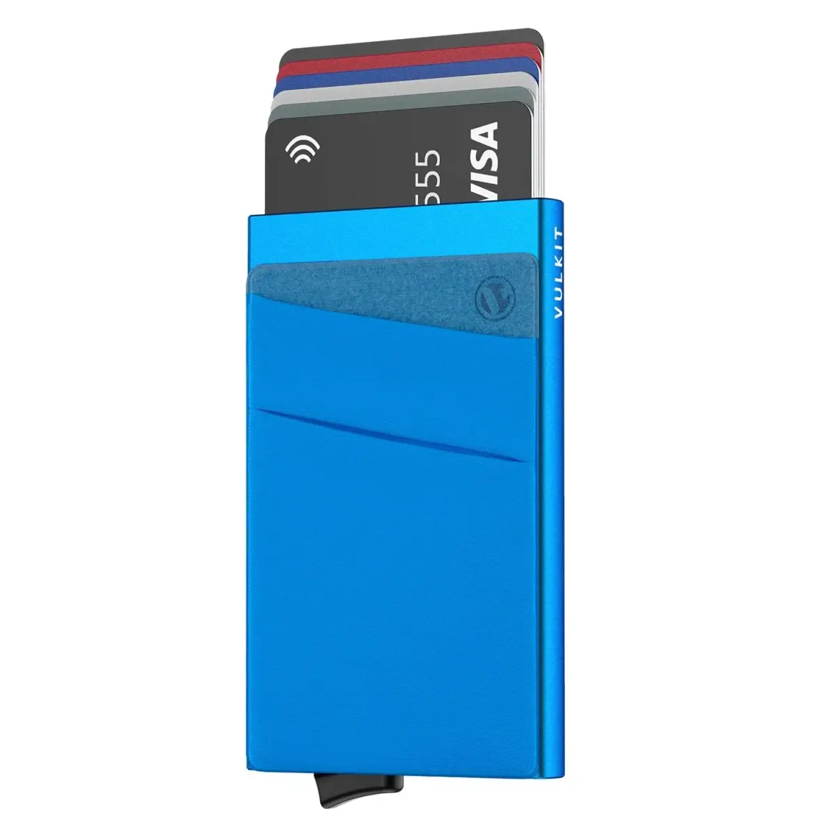 VULKIT Blue Pop Up Card Holder Wallet with Money Pocket | RFID Blocking Slim Metal Bank Card Case for 5-9 Cards - main product image