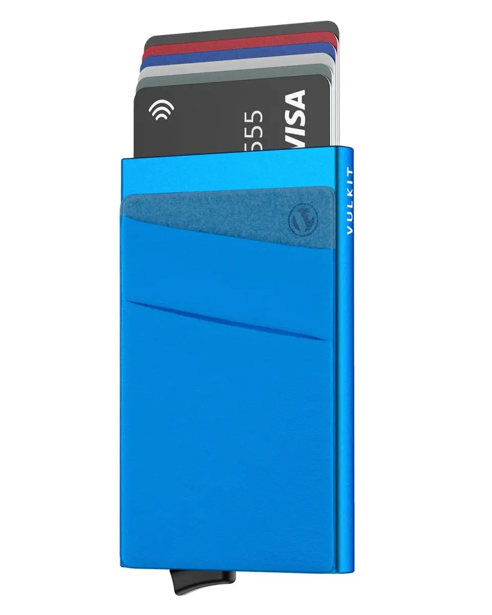 VULKIT Blue Pop Up Card Holder Wallet with Money Pocket | RFID Blocking Slim Metal Bank Card Case for 5-9 Cards - main product image