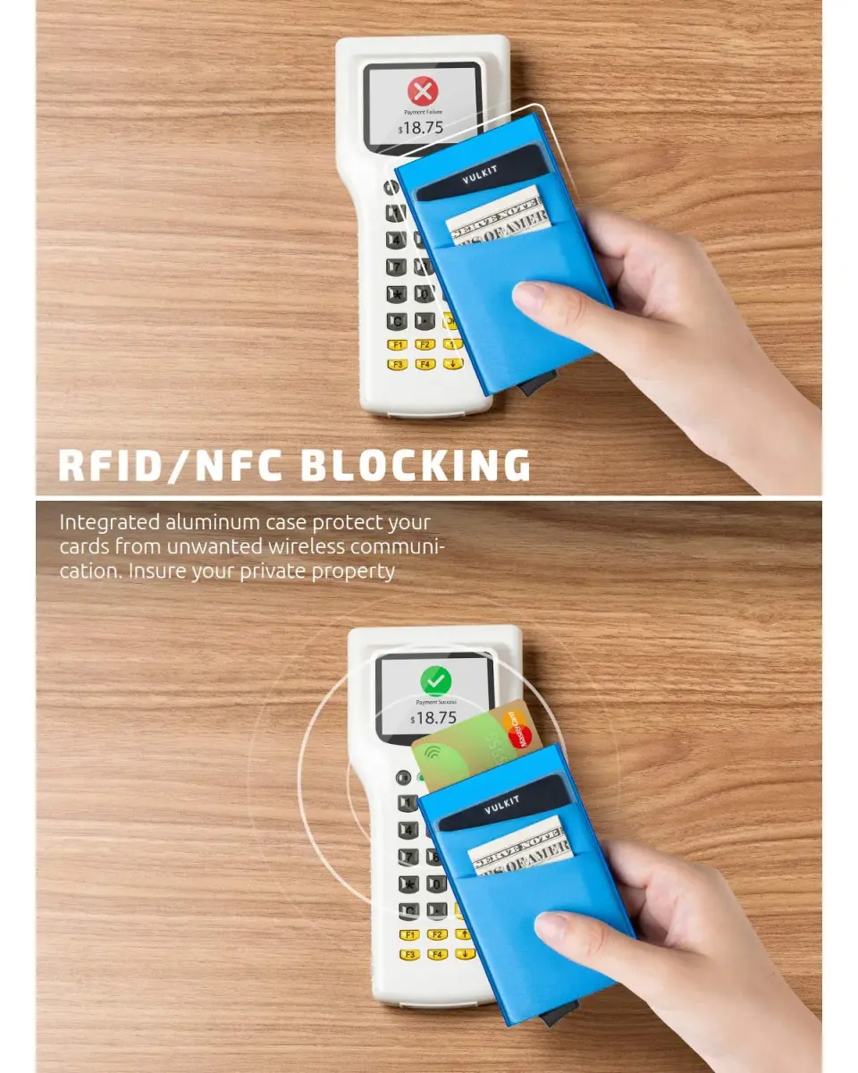 VULKIT Blue Pop Up Card Holder Wallet with Money Pocket | RFID Blocking Slim Metal Bank Card Case for 5-9 Cards - view 3