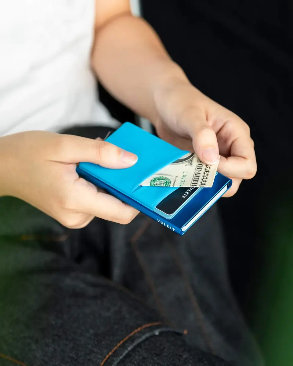 VULKIT Blue Pop Up Card Holder Wallet with Money Pocket | RFID Blocking Slim Metal Bank Card Case for 5-9 Cards - view 4