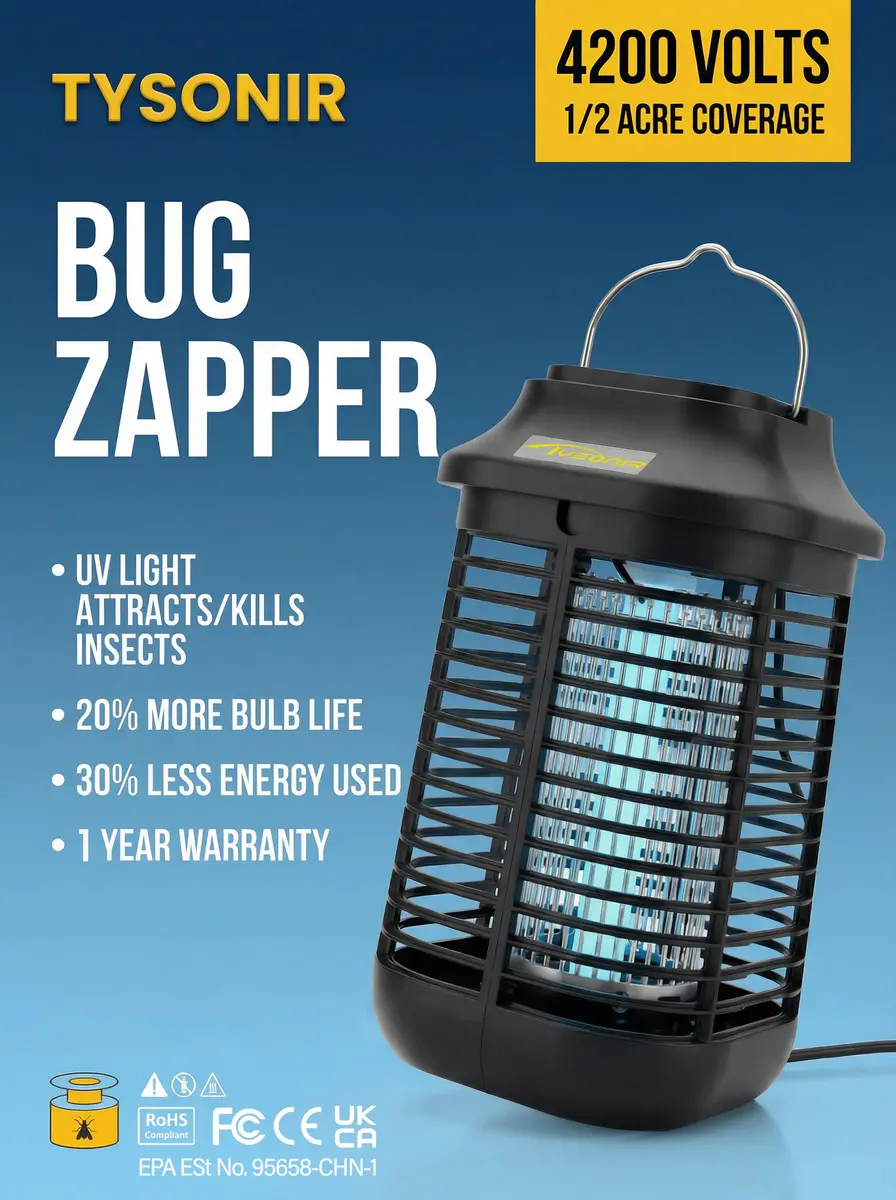 Tysonir Bug Zapper 4200V 9.84Ft Power Cord w/Switch | Indoor & Covered Outdoor Mosquito Lamp - view 6