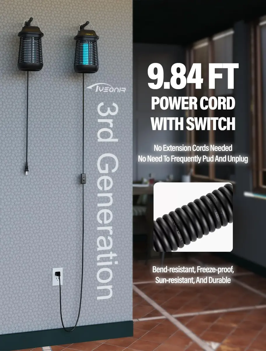 Tysonir Bug Zapper 4200V 9.84Ft Power Cord w/Switch | Indoor & Covered Outdoor Mosquito Lamp - view 4