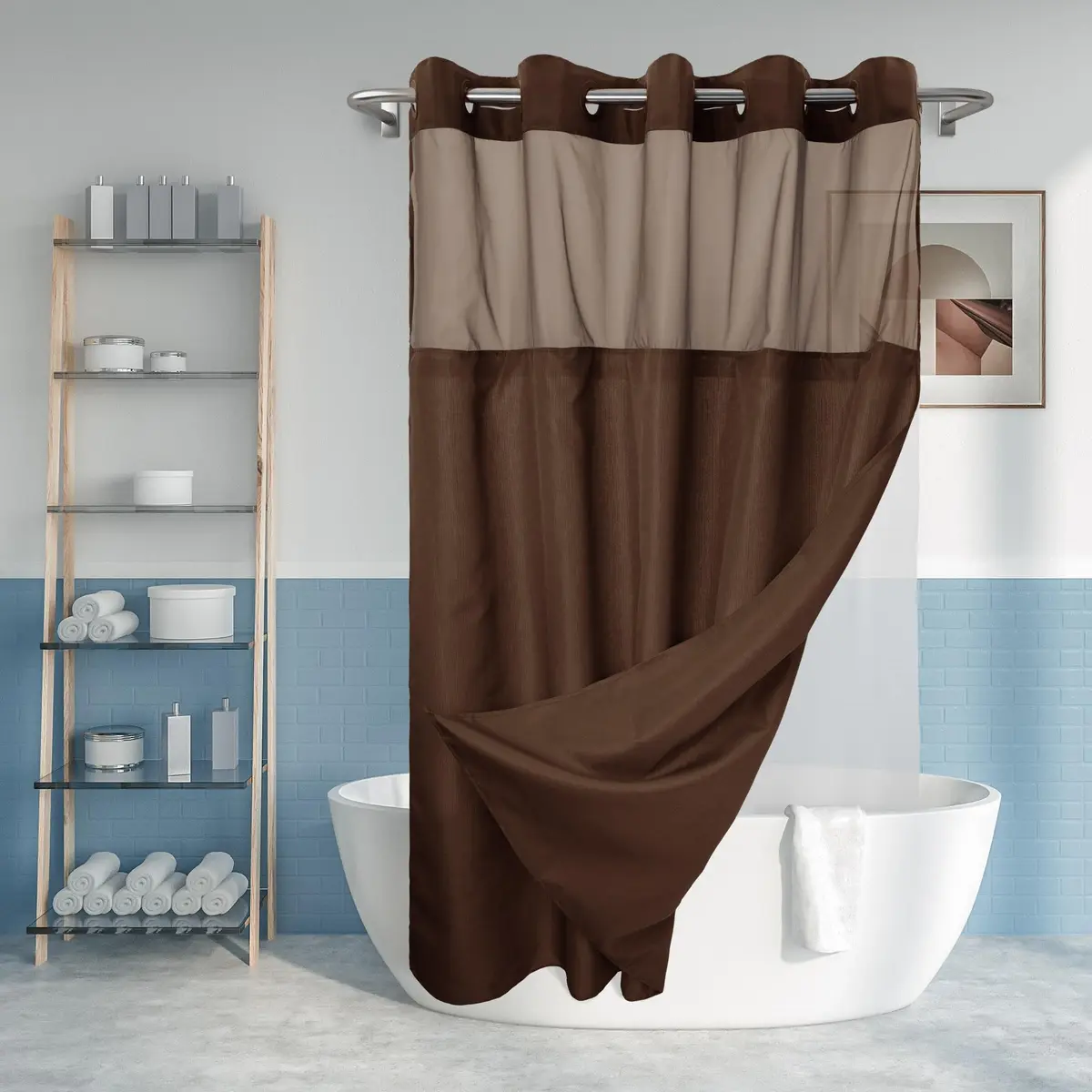 River Dream No Hook Shower Curtain with Snap-in Liner Set, Chocolate, 180cm (71" W x 74" L) | Hotel Style with Built-in Rings & Mesh Window - main product image