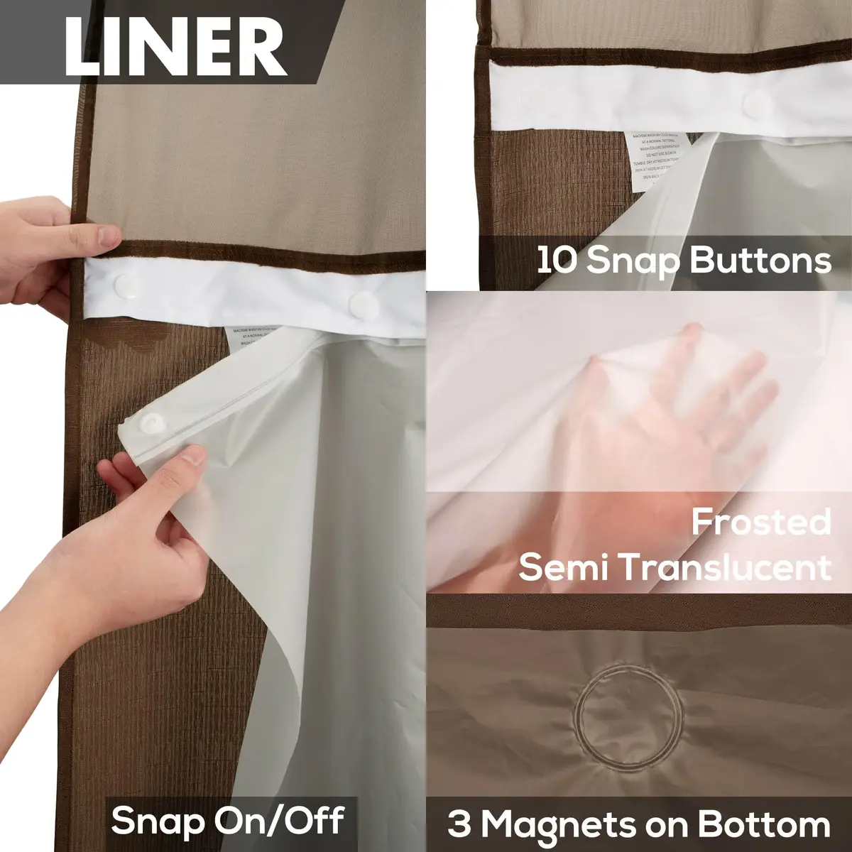 River Dream No Hook Shower Curtain with Snap-in Liner Set, Chocolate, 180cm (71" W x 74" L) | Hotel Style with Built-in Rings & Mesh Window - view 5