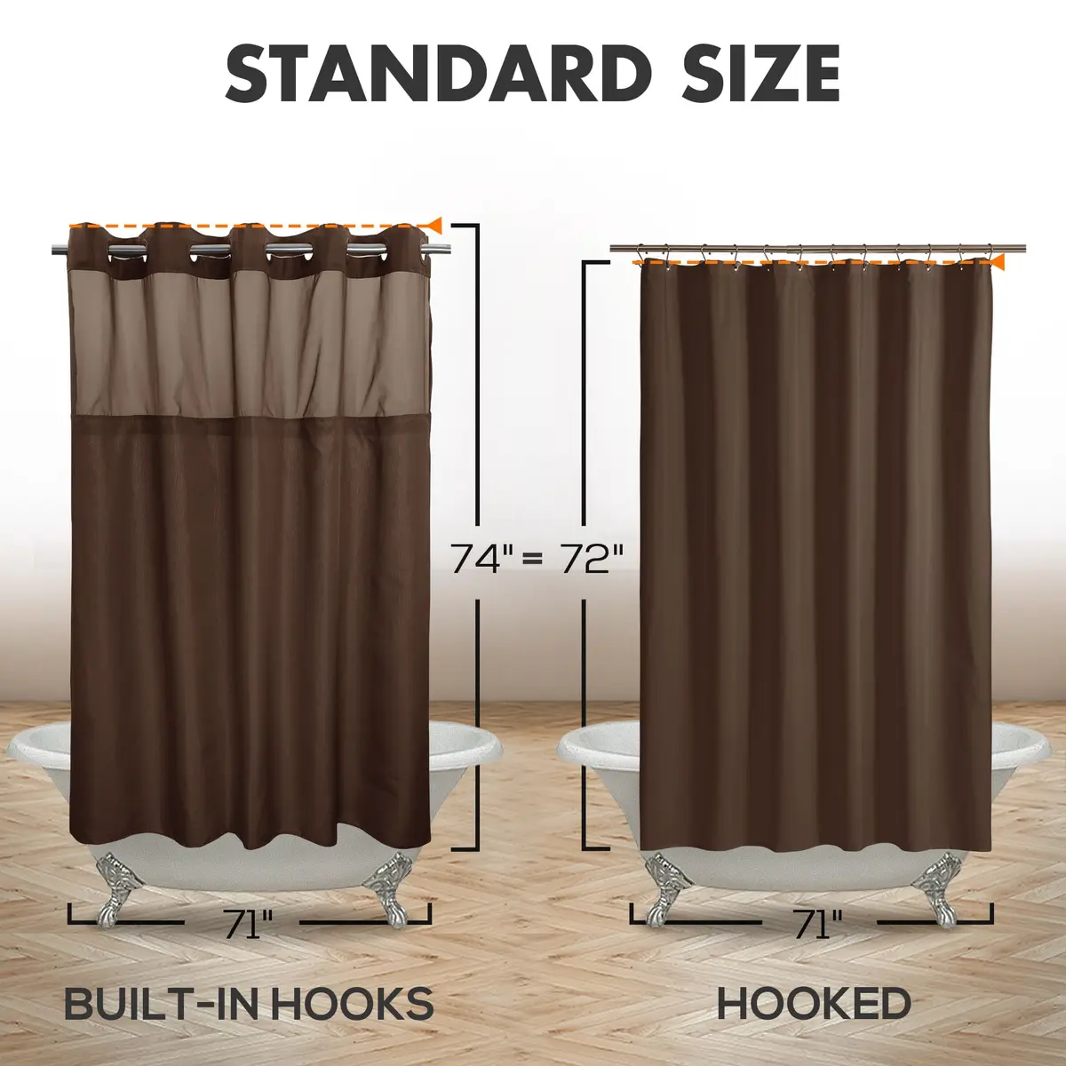 River Dream No Hook Shower Curtain with Snap-in Liner Set, Chocolate, 180cm (71" W x 74" L) | Hotel Style with Built-in Rings & Mesh Window - view 6