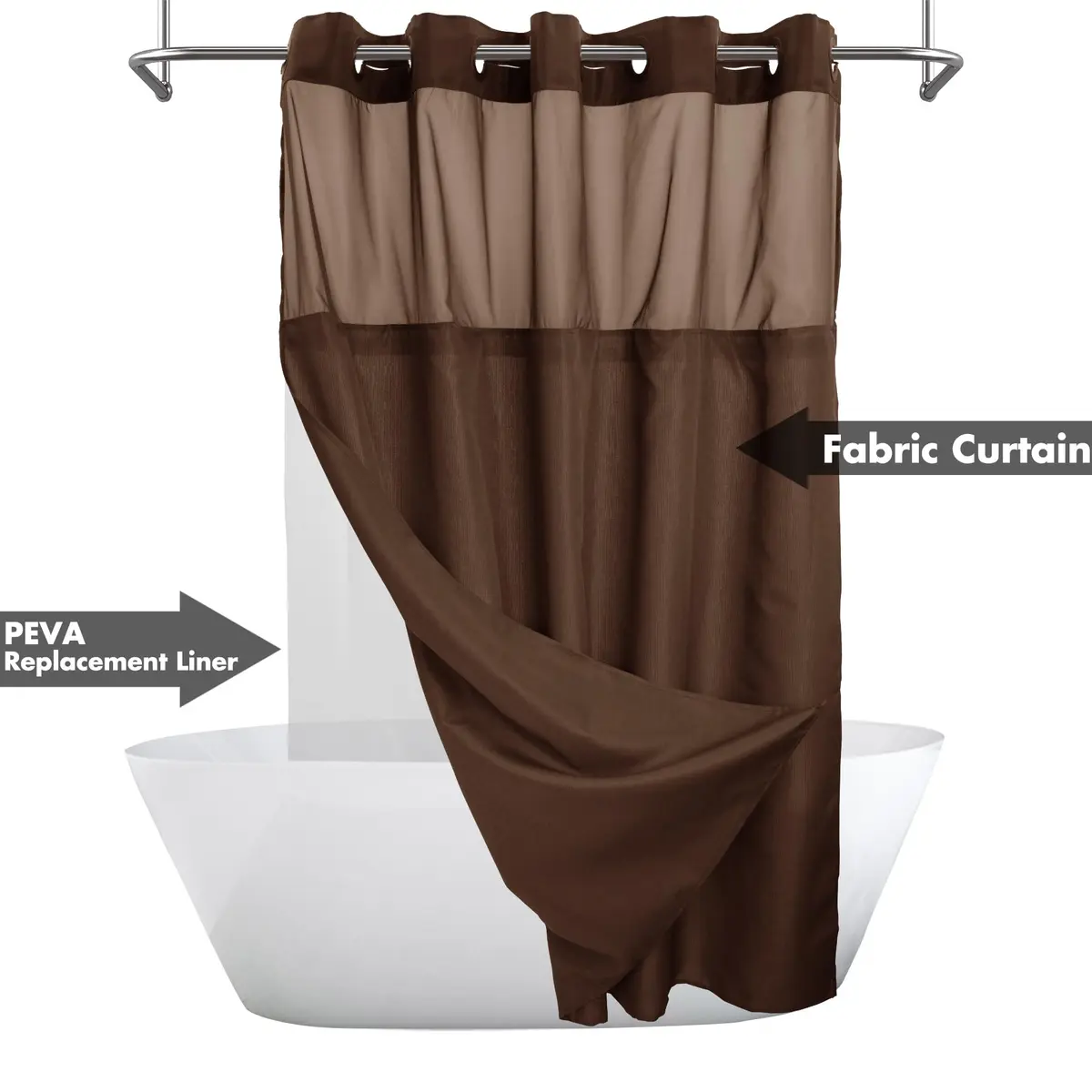 River Dream No Hook Shower Curtain with Snap-in Liner Set, Chocolate, 180cm (71" W x 74" L) | Hotel Style with Built-in Rings & Mesh Window - view 2