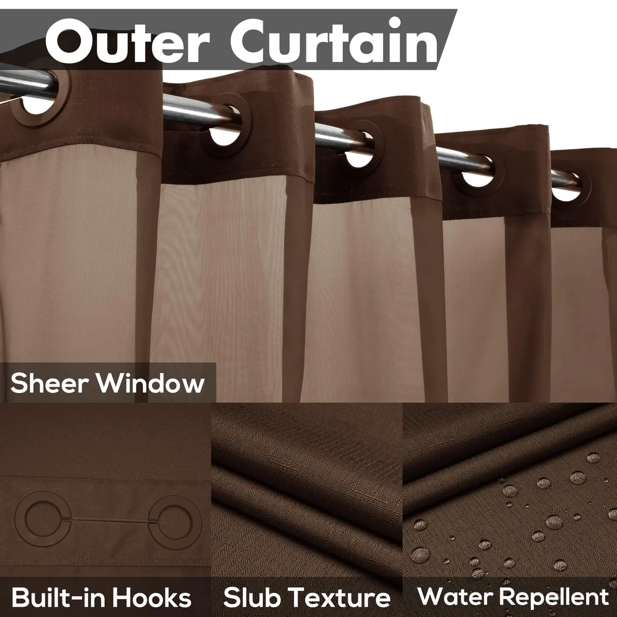 River Dream No Hook Shower Curtain with Snap-in Liner Set, Chocolate, 180cm (71" W x 74" L) | Hotel Style with Built-in Rings & Mesh Window - view 3