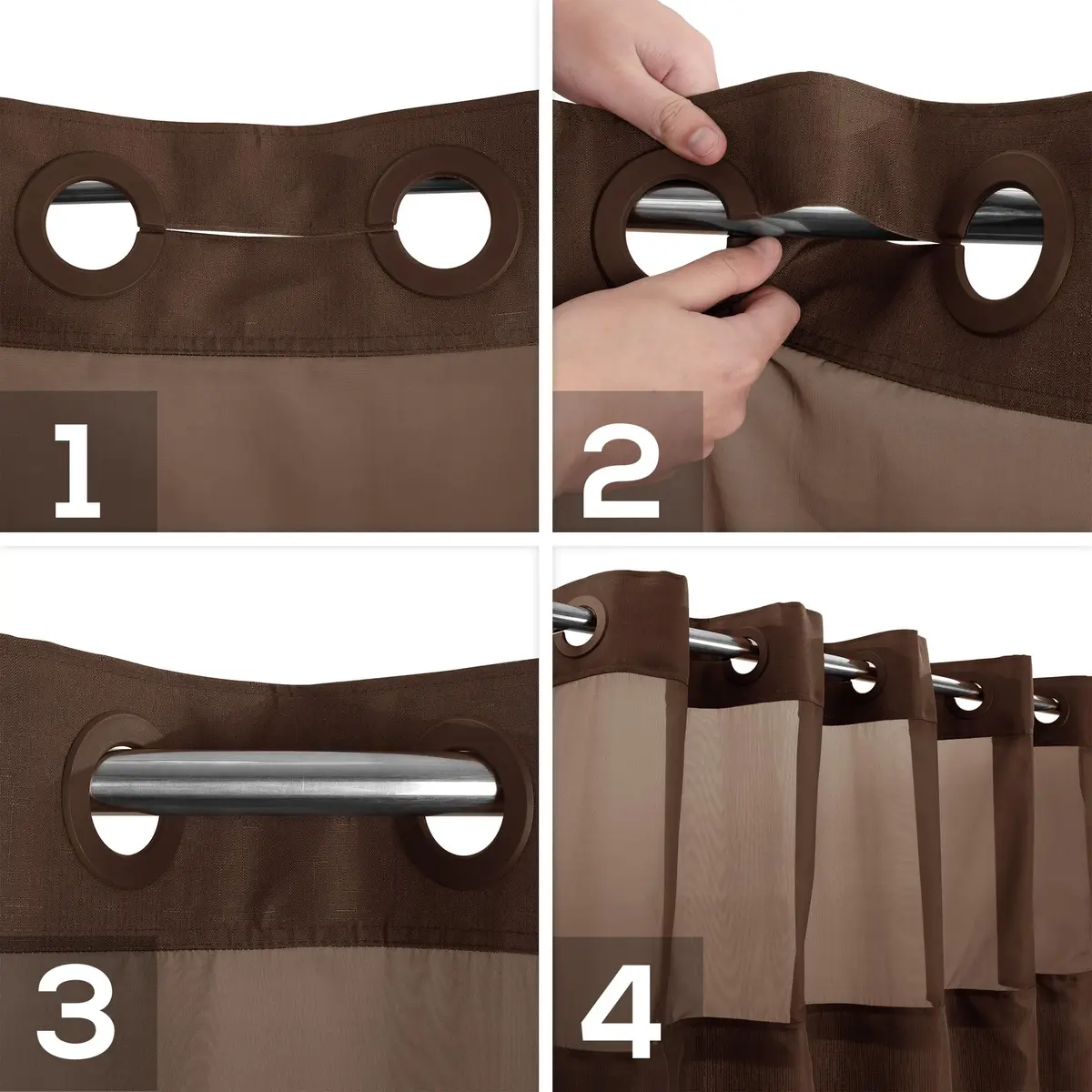 River Dream No Hook Shower Curtain with Snap-in Liner Set, Chocolate, 180cm (71" W x 74" L) | Hotel Style with Built-in Rings & Mesh Window - view 4