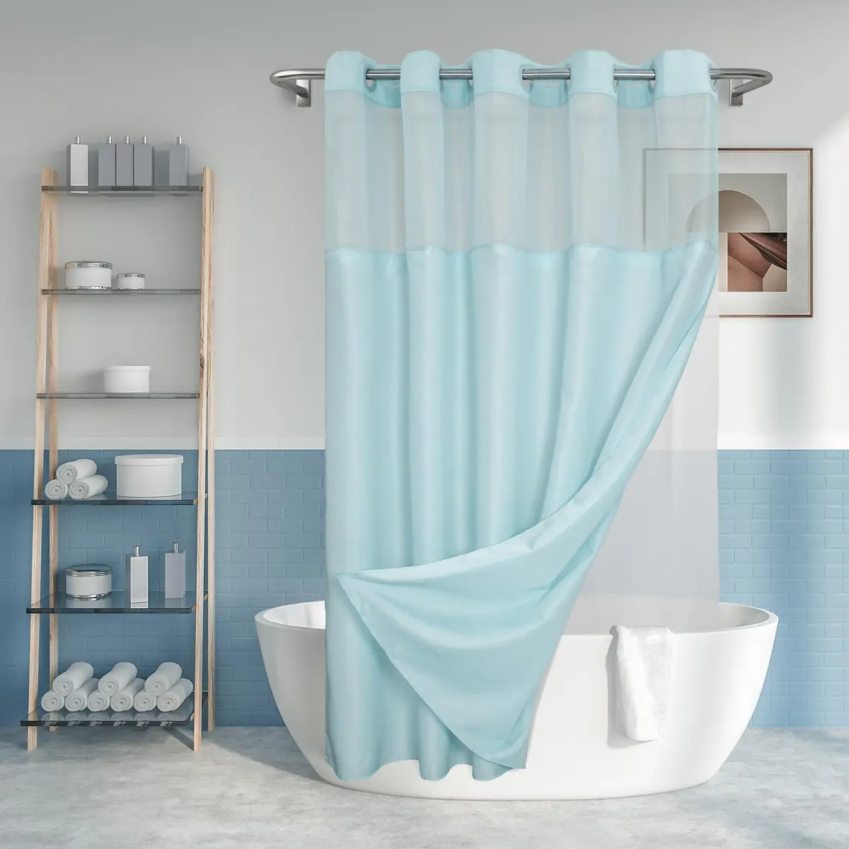 River Dream Blue Slub Textured Shower Curtain Set with Snap-in PEVA Liner & Sheer Window, 180cm x 188cm (71"W x 74"L) - main product image