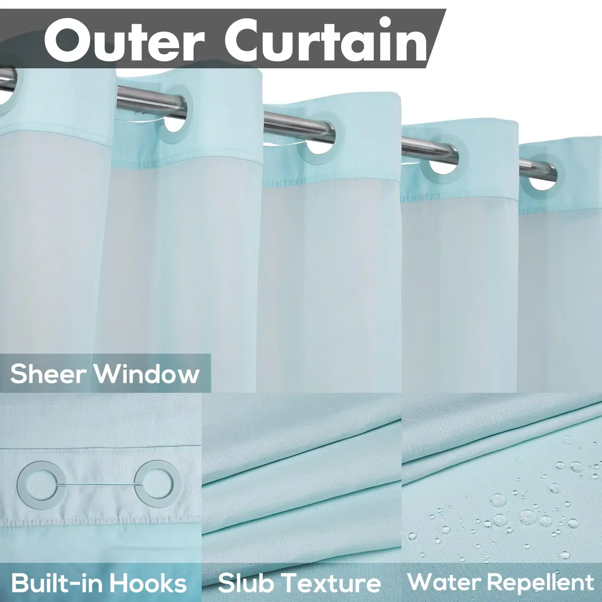 River Dream Blue Slub Textured Shower Curtain Set with Snap-in PEVA Liner & Sheer Window, 180cm x 188cm (71"W x 74"L) - view 3