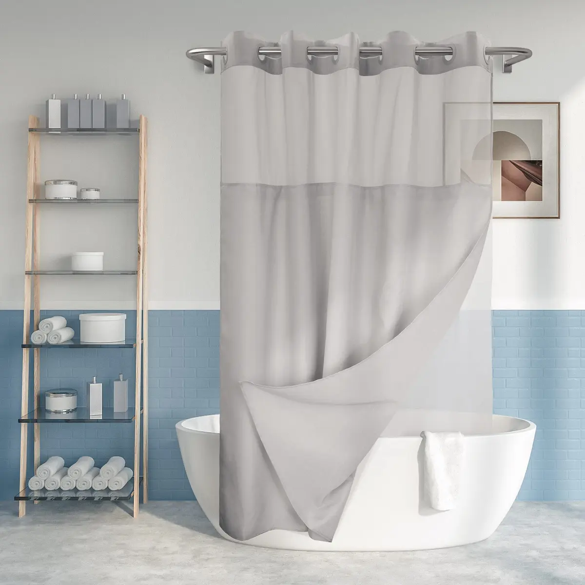 River Dream No Hook Shower Curtain with Snap-in Liner Set, Gray, 71x74 - main product image