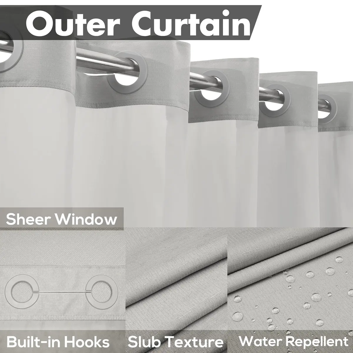 River Dream No Hook Shower Curtain with Snap-in Liner Set, Gray, 71x74 - view 3