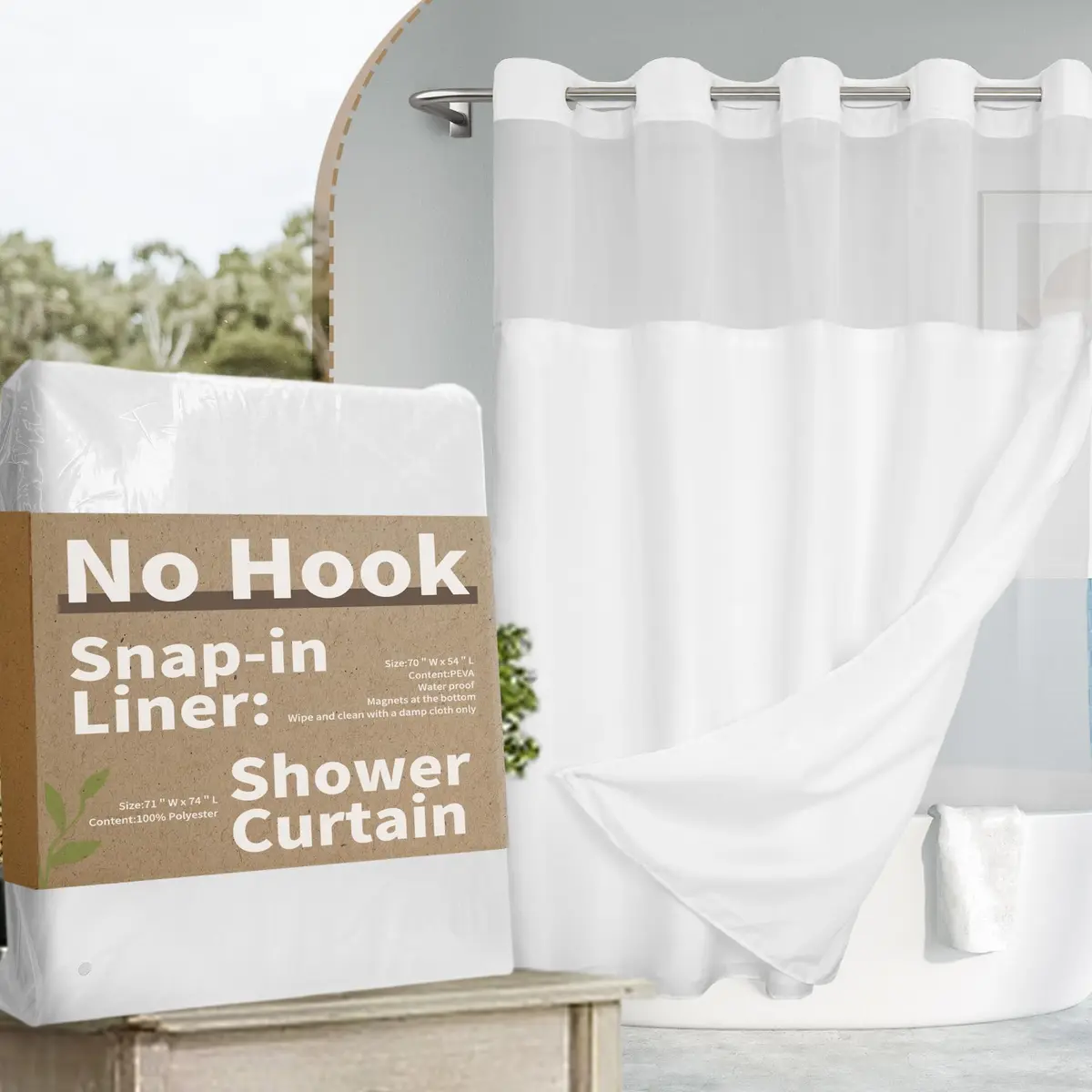 River Dream No Hook Shower Curtain with Snap-in Liner Set, White, 71x74 - main product image