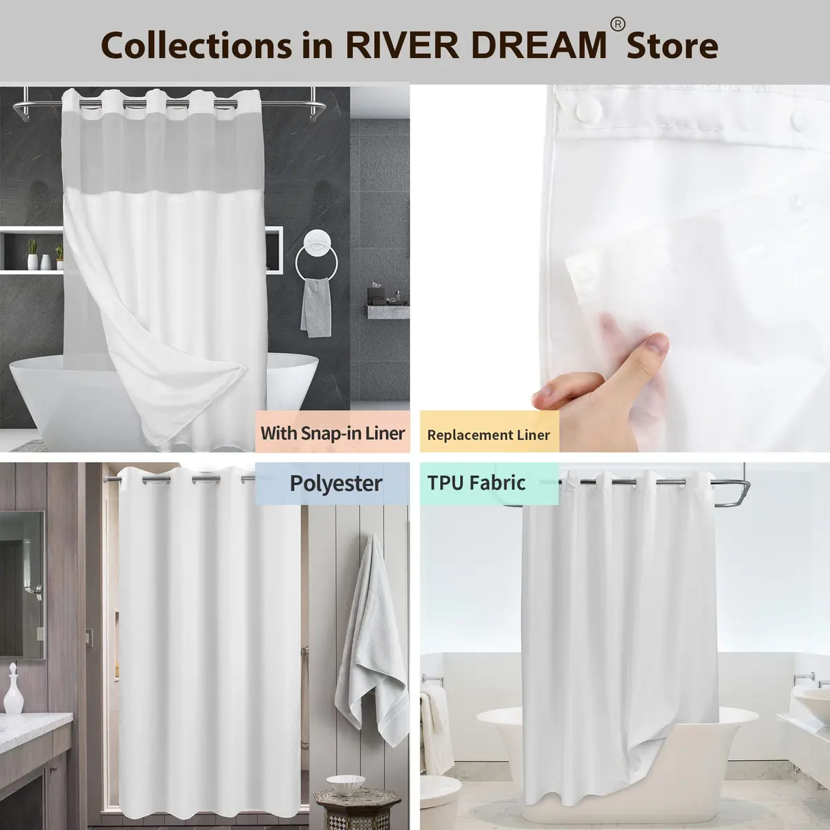 River Dream No Hook Shower Curtain with Snap-in Liner Set, White, 71x74 - view 7