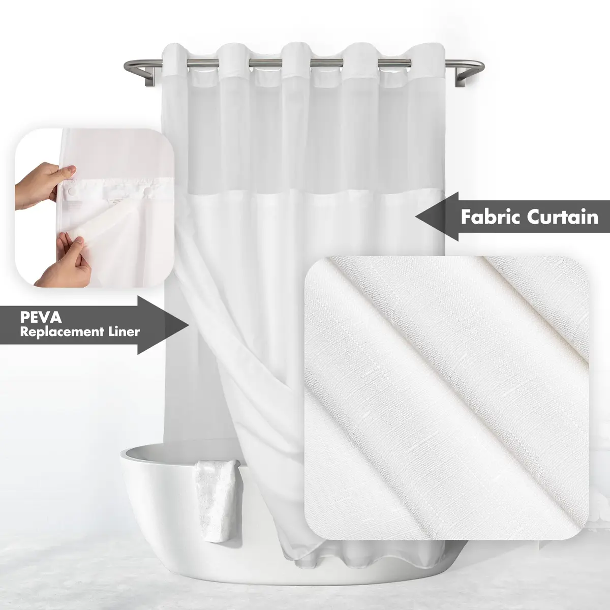 River Dream No Hook Shower Curtain with Snap-in Liner Set, White, 71x74 - view 2