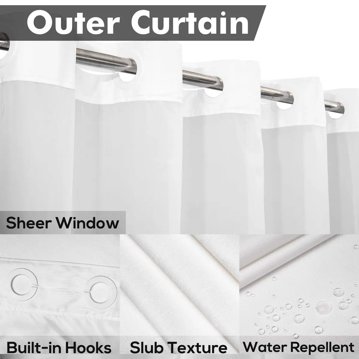 River Dream No Hook Shower Curtain with Snap-in Liner Set, White, 71x74 - view 3