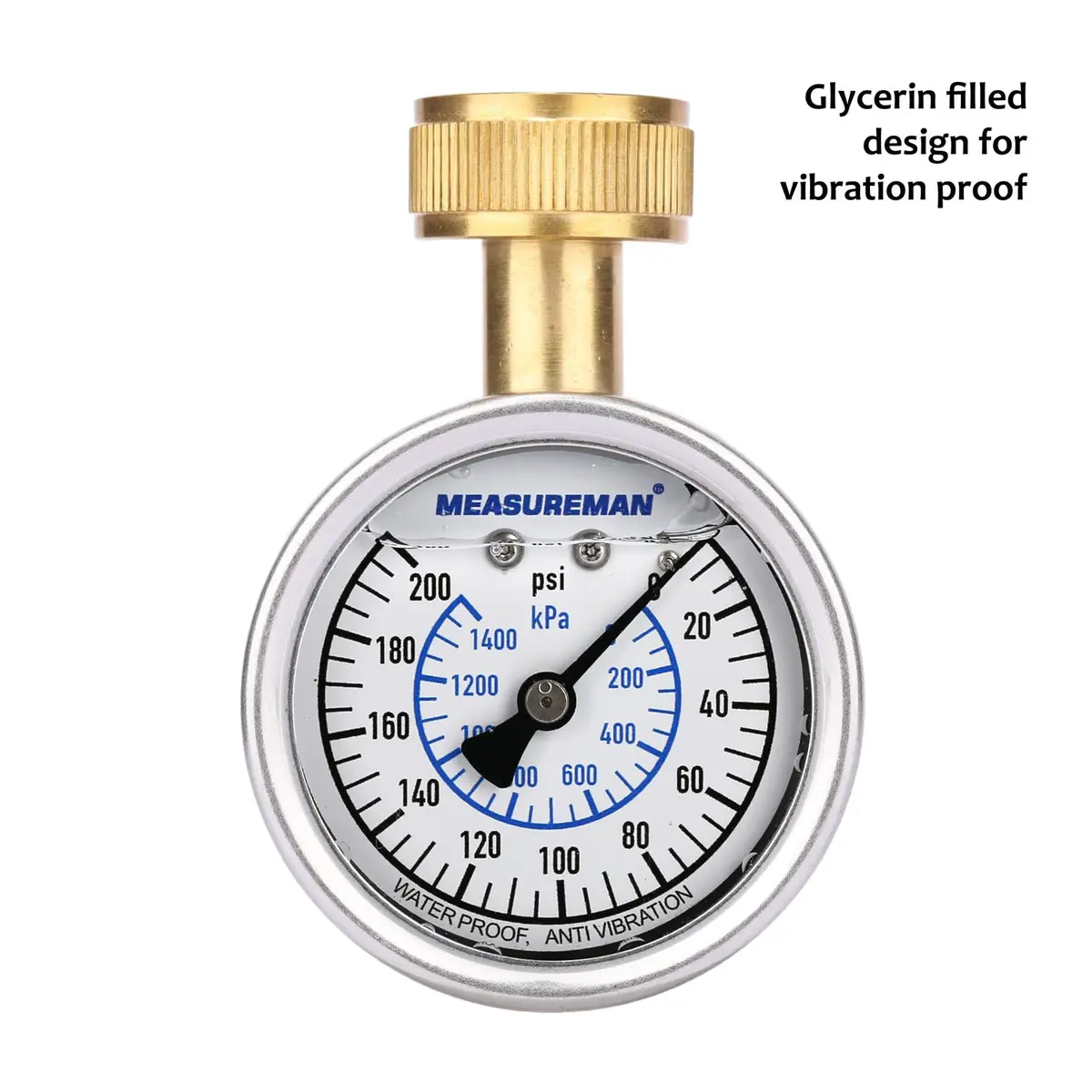 MEASUREMAN 2-1/2" Glycerin Filled Stainless Steel Pressure Gauge, 0-200 psi/kpa | Water & Industrial Use - view 2