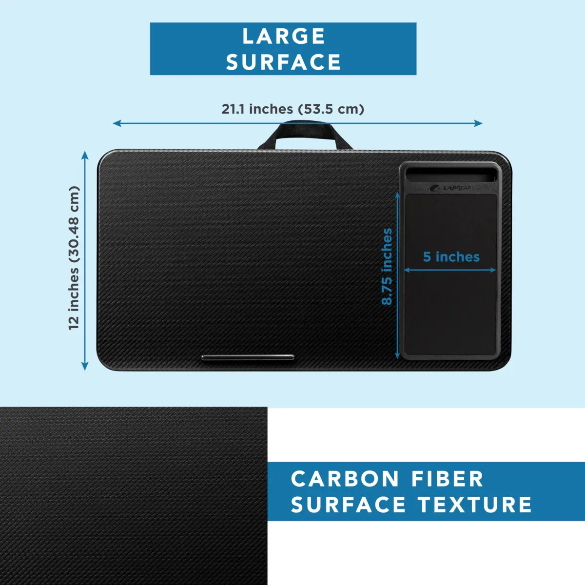 LapGear Home Office Lap Desk – Black Carbon, Fits 15.6” Laptops | Spacious 21.1"x12" Surface with Mouse Pad & Phone Slot - view 5