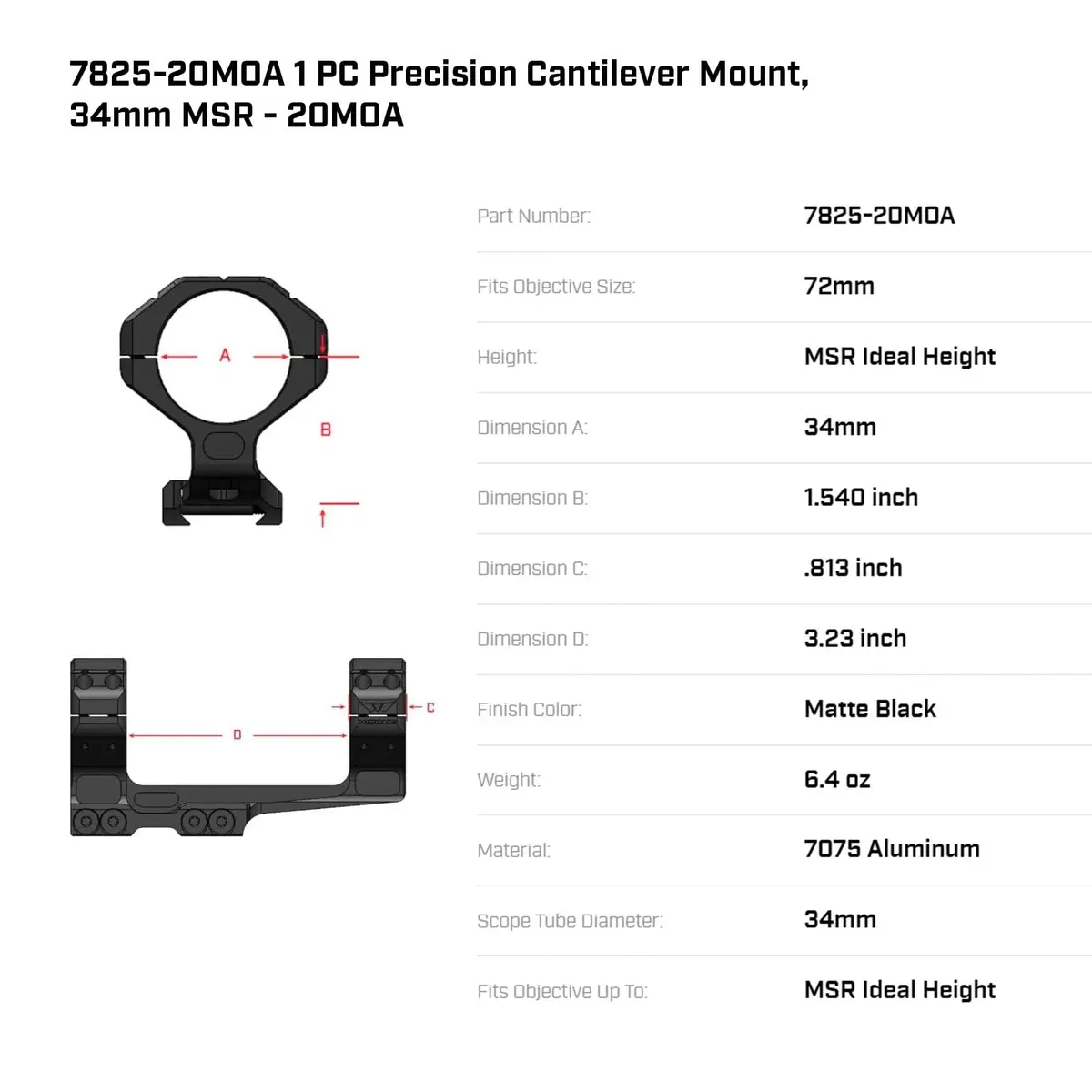 WARNE 7825-20MOA 34mm MSR Precision Cantilever Mount | Aluminum, Matte Black, Fits 34mm Scope - view 2