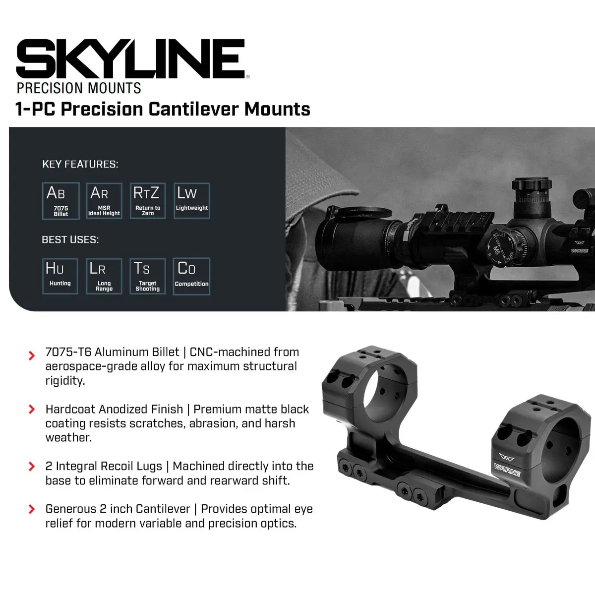 WARNE 7825-20MOA 34mm MSR Precision Cantilever Mount | Aluminum, Matte Black, Fits 34mm Scope - view 3