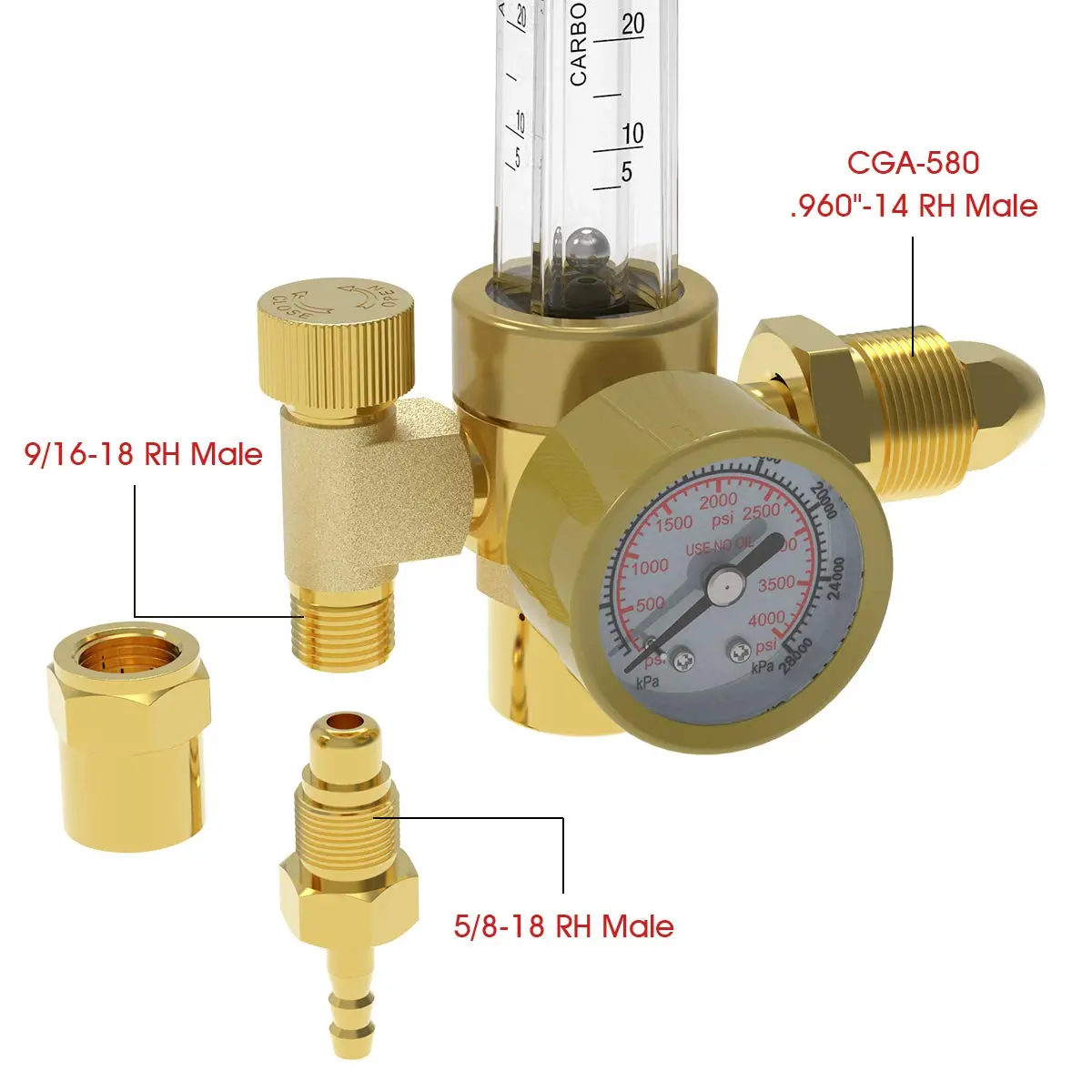 YESWELDER Welding Gas Flowmeter Regulator with CGA-580 Inlet & 0-4000 PSI Gauge | Integrated Brass Construction - view 4