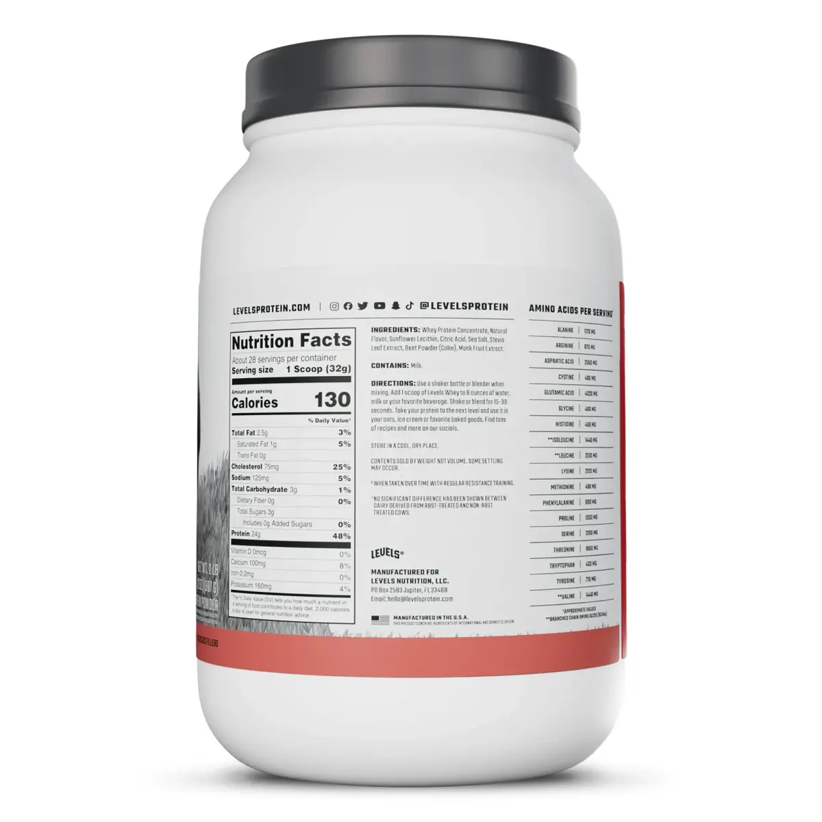 Levels Nutrition Strawberry Whey Protein Powder 907g (2lb) | 24g Protein, 5.4g BCAAs, Grass-Fed Dairy - view 8