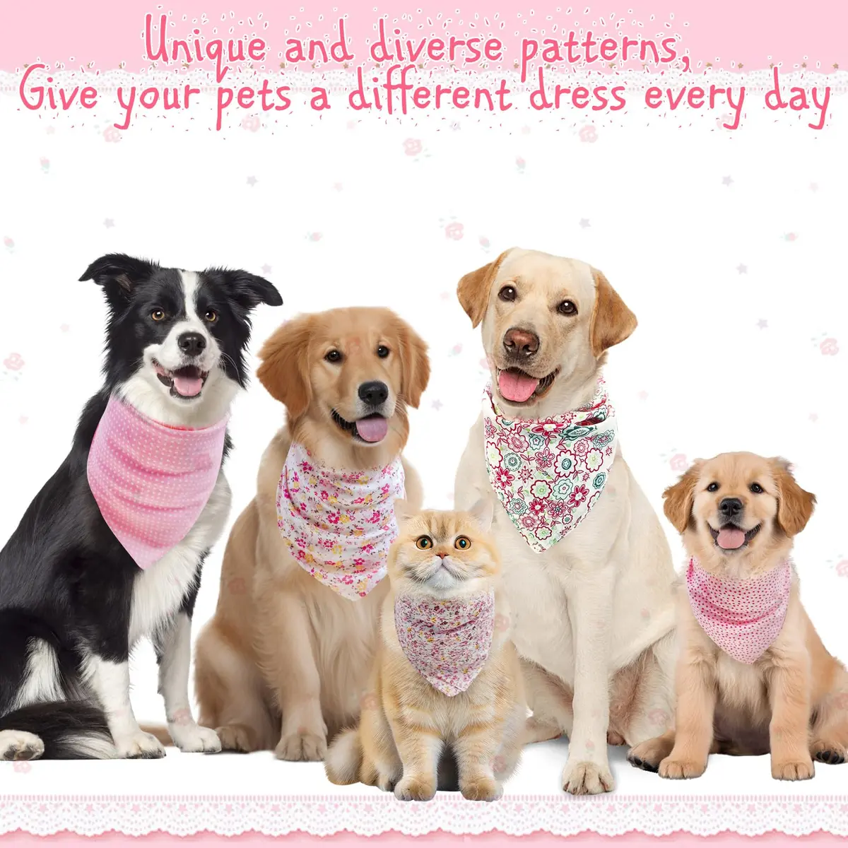 PAWCHIE Reversible Floral Dog Bandanas - 5 Pack | Adjustable Soft Square Scarves for Small Dogs & Cats - view 4