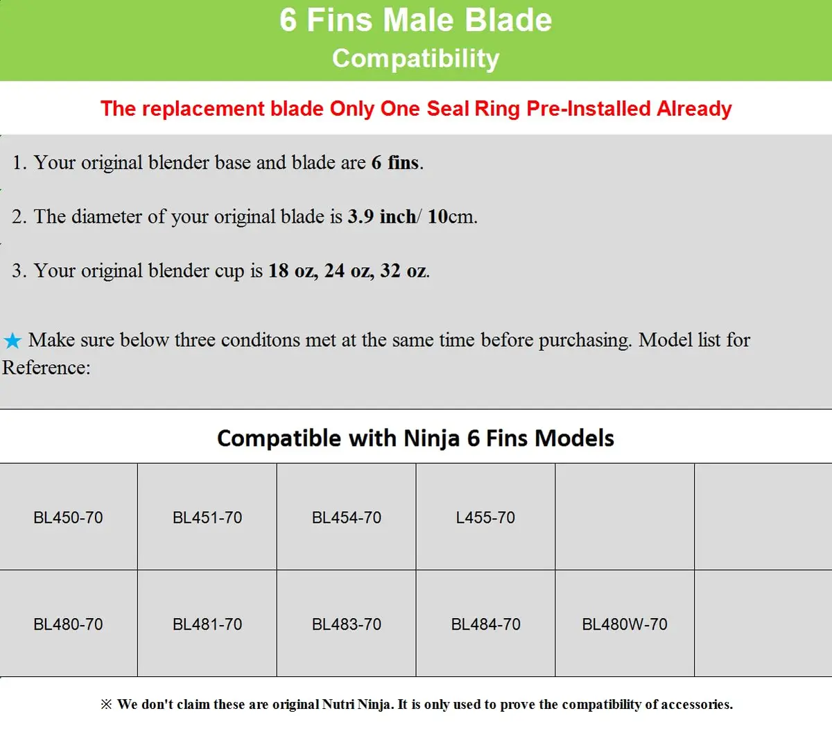 Feilifan 6-Fin Male Blade Replacement for Ninja Blender BL480W-70, BL450-70, BL451-70 (10 cm Diameter) - view 4