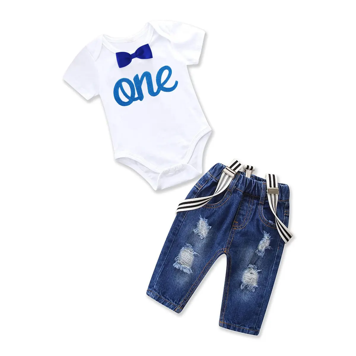 Pinleck Toddler Baby Boy Birthday Clothes Set 0-24 Months | Photo-Ready Denim & Bowtie Outfit - main product image