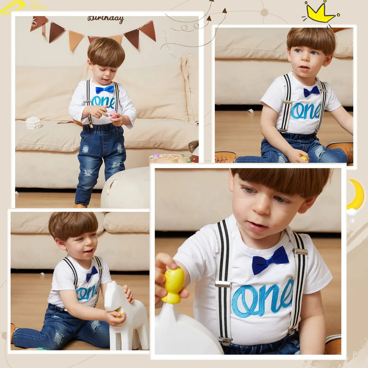 Pinleck Toddler Baby Boy Birthday Clothes Set 0-24 Months | Photo-Ready Denim & Bowtie Outfit - view 4