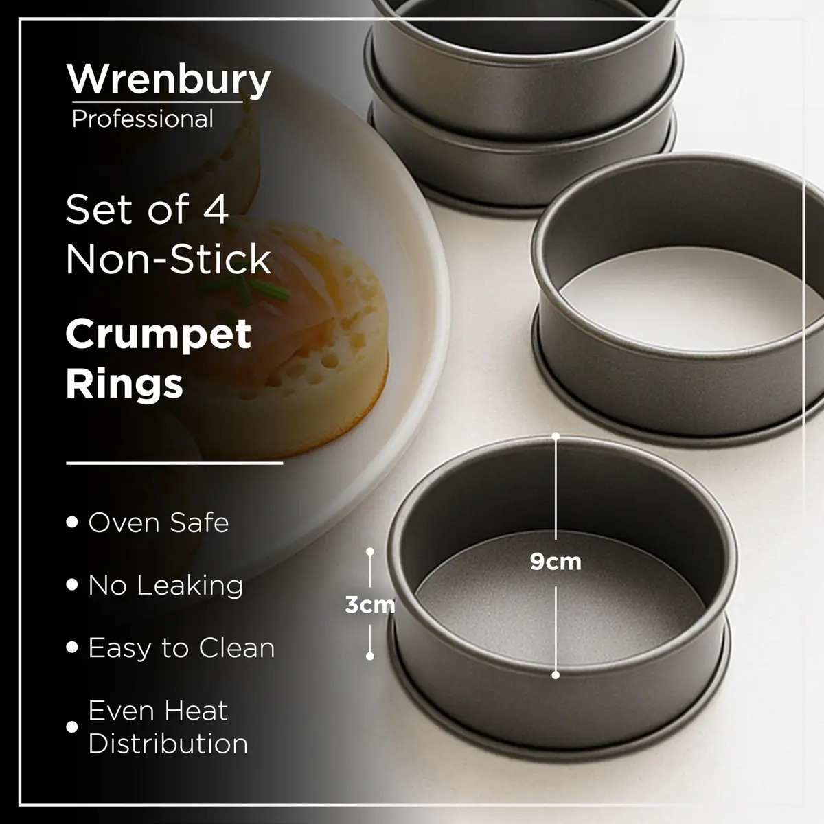 Wrenbury Nonstick Crumpet Rings Set of 4 Food Molds, 9cm (3.5 inch) Metal Baking Egg Rings | Perfect Round Crumpets, Pancakes, English Muffins - view 2