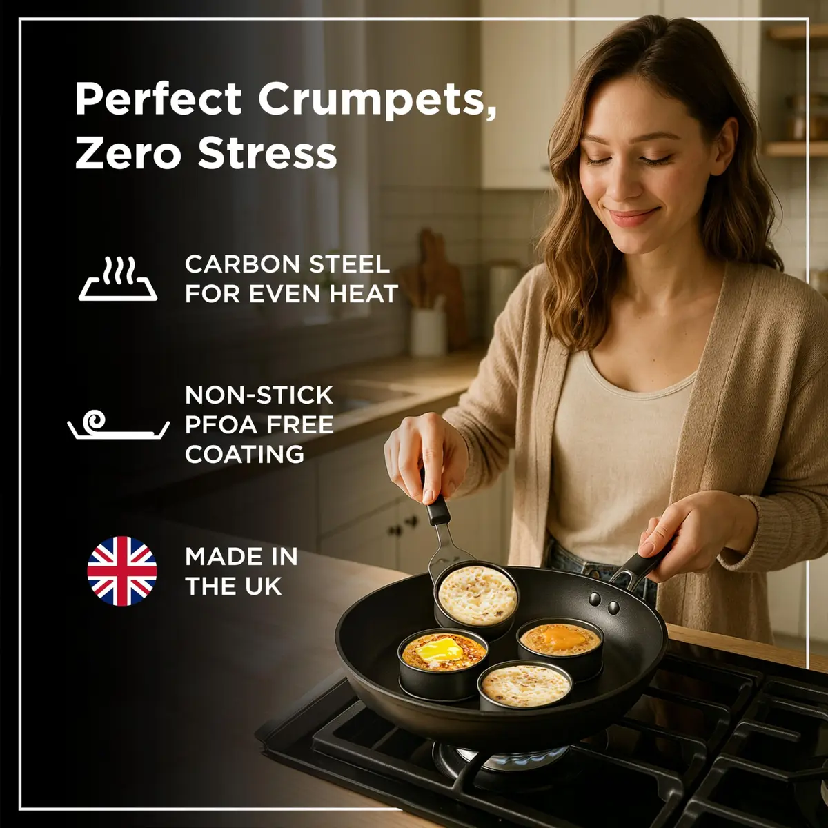 Wrenbury Nonstick Crumpet Rings Set of 4 Food Molds, 9cm (3.5 inch) Metal Baking Egg Rings | Perfect Round Crumpets, Pancakes, English Muffins - view 3
