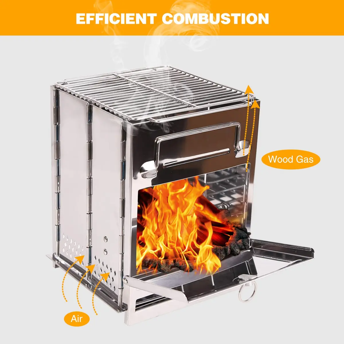 CAMPMAX Large Portable Folding Camping Wood Stove for Outdoor Cooking | Sturdy Stainless Steel, Lightweight & Foldable for Backpacking & BBQ in Silver - view 6