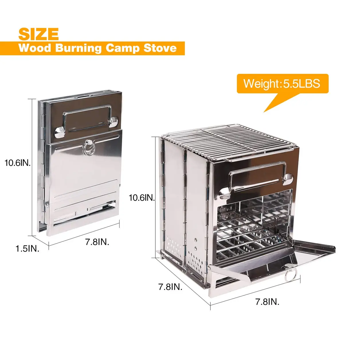 CAMPMAX Large Portable Folding Camping Wood Stove for Outdoor Cooking | Sturdy Stainless Steel, Lightweight & Foldable for Backpacking & BBQ in Silver - view 2