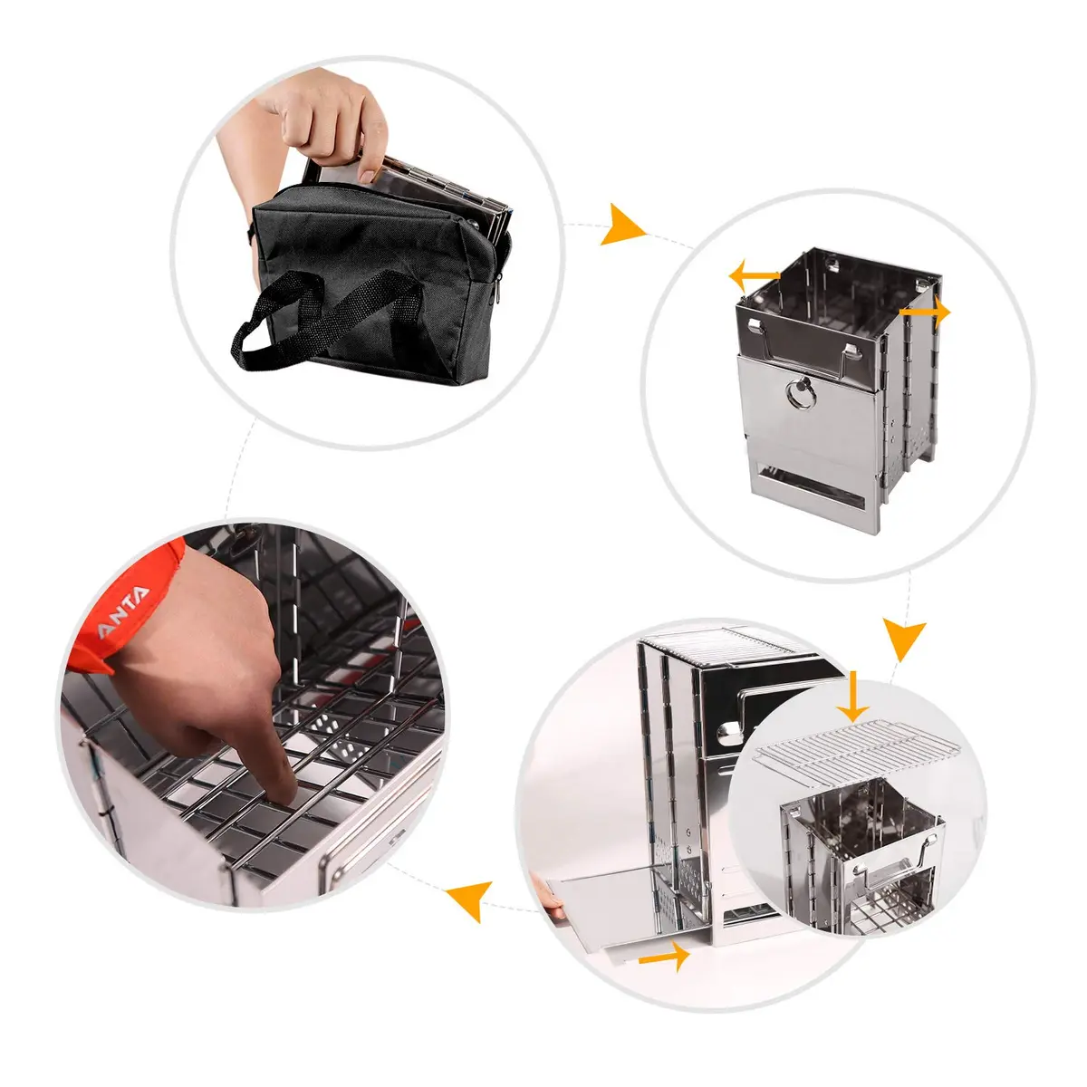 CAMPMAX Large Portable Folding Camping Wood Stove for Outdoor Cooking | Sturdy Stainless Steel, Lightweight & Foldable for Backpacking & BBQ in Silver - view 3