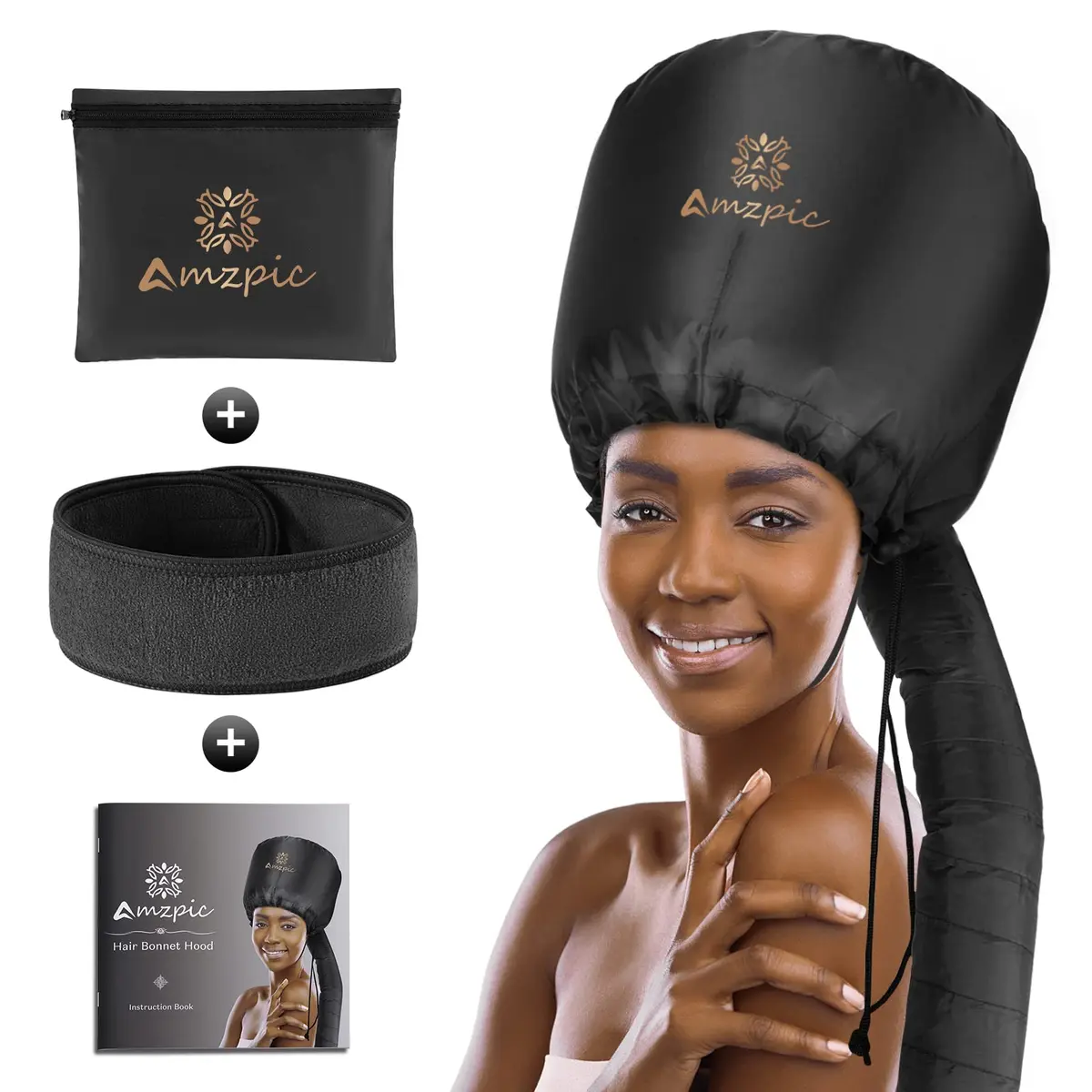 Amzpic Bonnet Hood Hair Dryer Attachment - Soft, Adjustable Extra Large Bonnet for Fast Drying & Styling (Black) - main product image