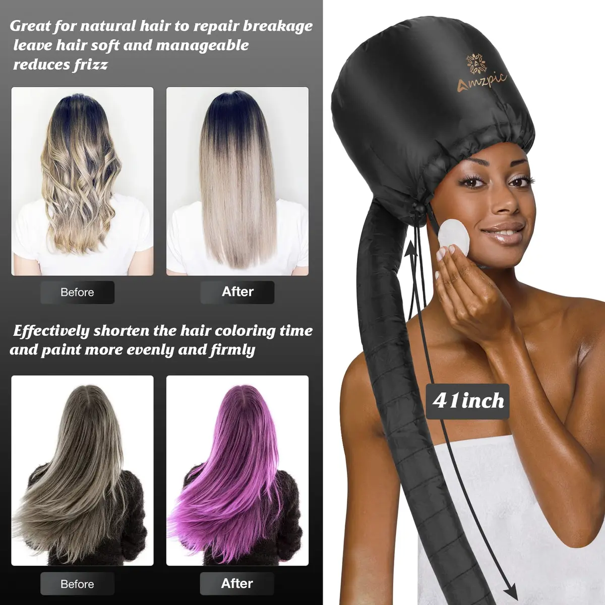 Amzpic Bonnet Hood Hair Dryer Attachment - Soft, Adjustable Extra Large Bonnet for Fast Drying & Styling (Black) - view 6