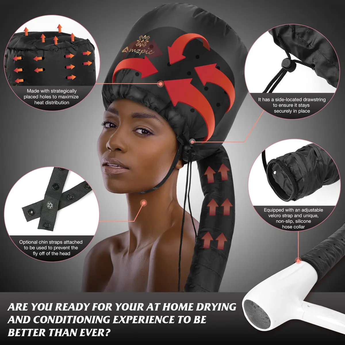 Amzpic Bonnet Hood Hair Dryer Attachment - Soft, Adjustable Extra Large Bonnet for Fast Drying & Styling (Black) - view 2