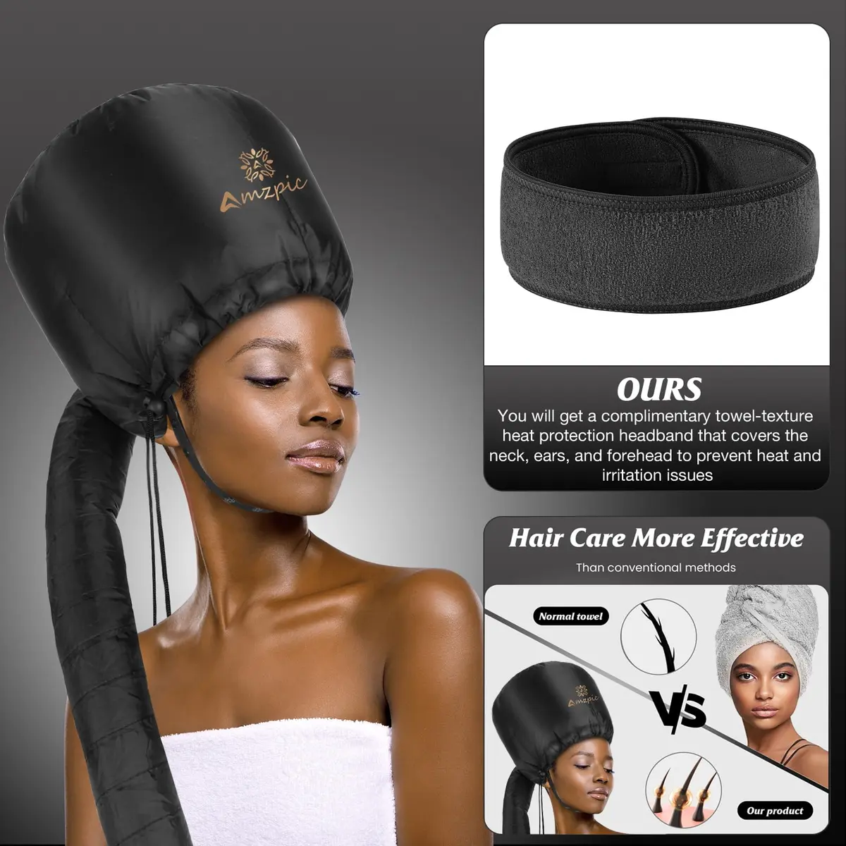 Amzpic Bonnet Hood Hair Dryer Attachment - Soft, Adjustable Extra Large Bonnet for Fast Drying & Styling (Black) - view 3
