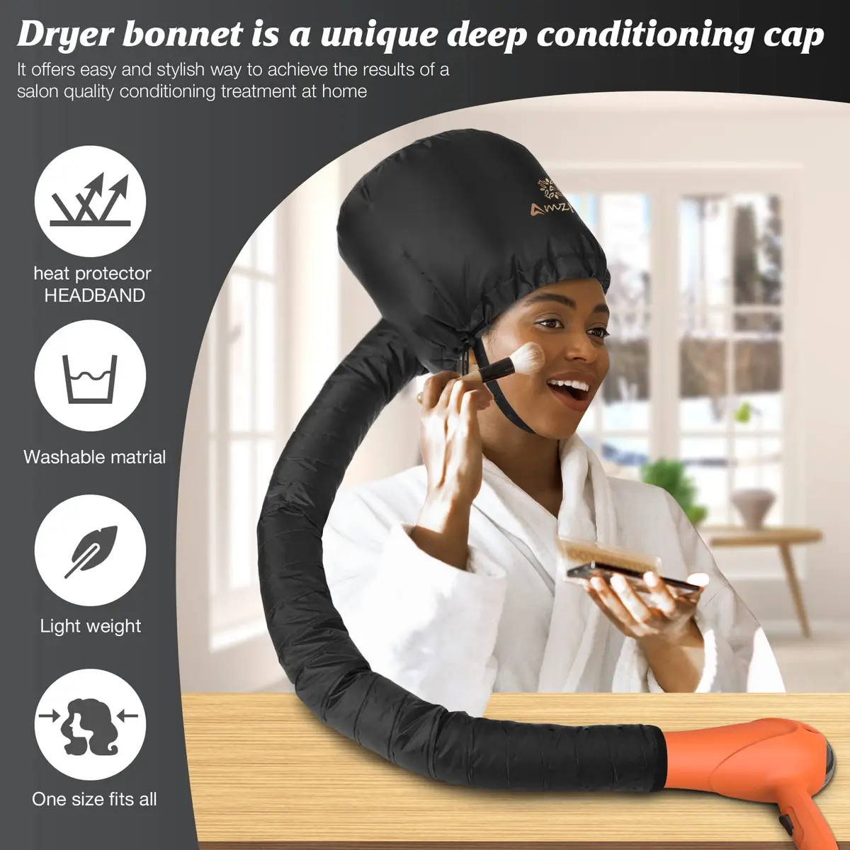 Amzpic Bonnet Hood Hair Dryer Attachment - Soft, Adjustable Extra Large Bonnet for Fast Drying & Styling (Black) - view 4