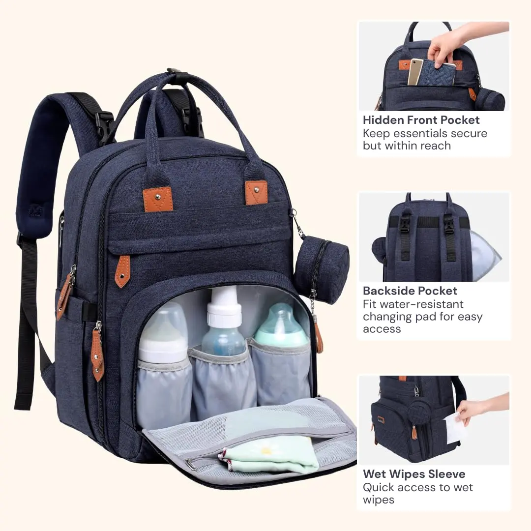 BabbleRoo Diaper Bag Backpack - Baby Essentials Travel Tote - Water Resistant, Multi Function, Navy Blue | 26L - view 5