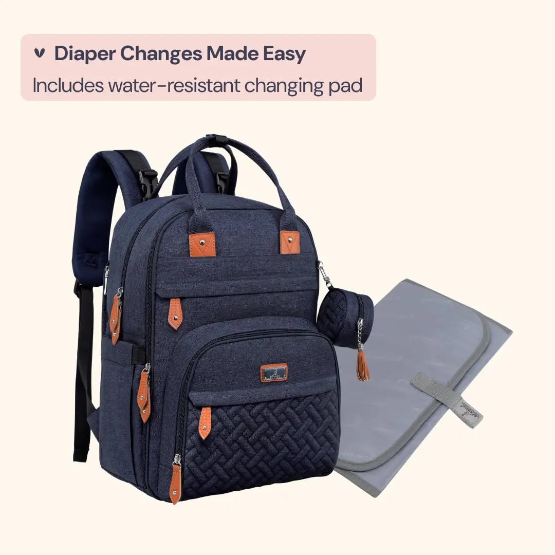 BabbleRoo Diaper Bag Backpack - Baby Essentials Travel Tote - Water Resistant, Multi Function, Navy Blue | 26L - view 7