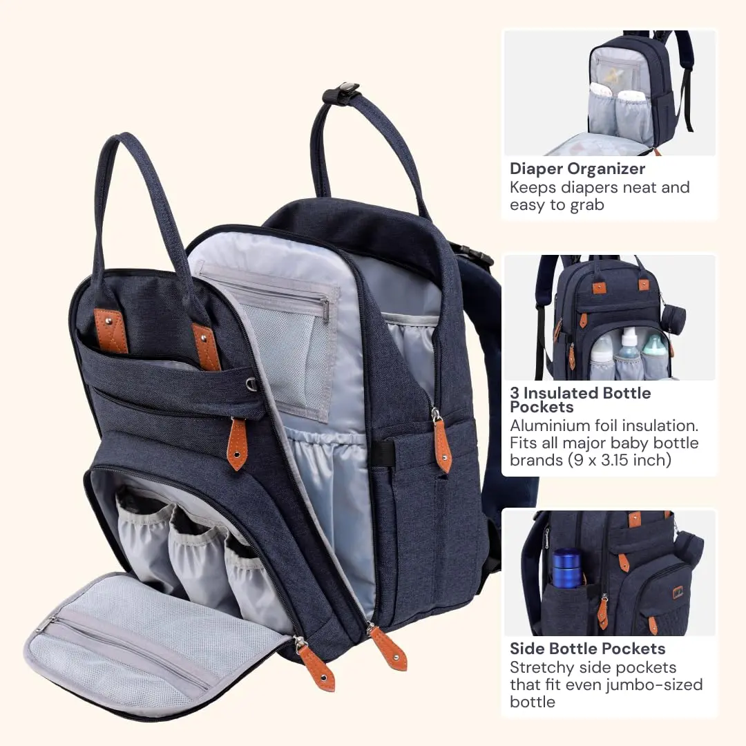 BabbleRoo Diaper Bag Backpack - Baby Essentials Travel Tote - Water Resistant, Multi Function, Navy Blue | 26L - view 4