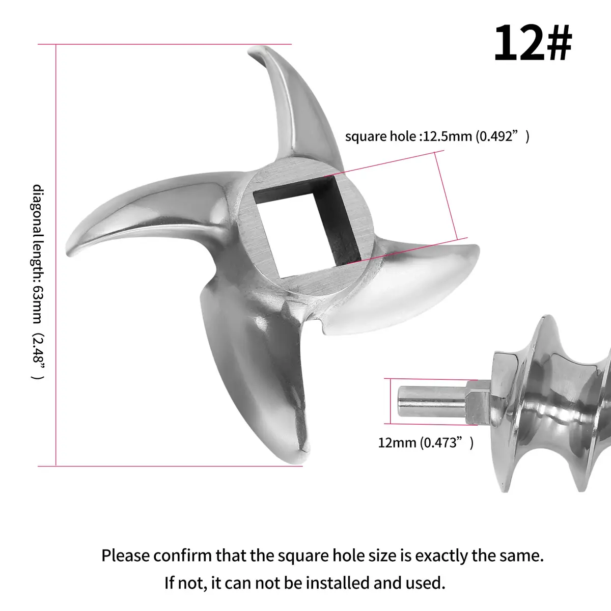 FanWayer #12 Meat Grinder Blade Replacement Knife Cutter (2-Pack, Silver) | Stainless Steel, 12.5mm Square Hole - view 2