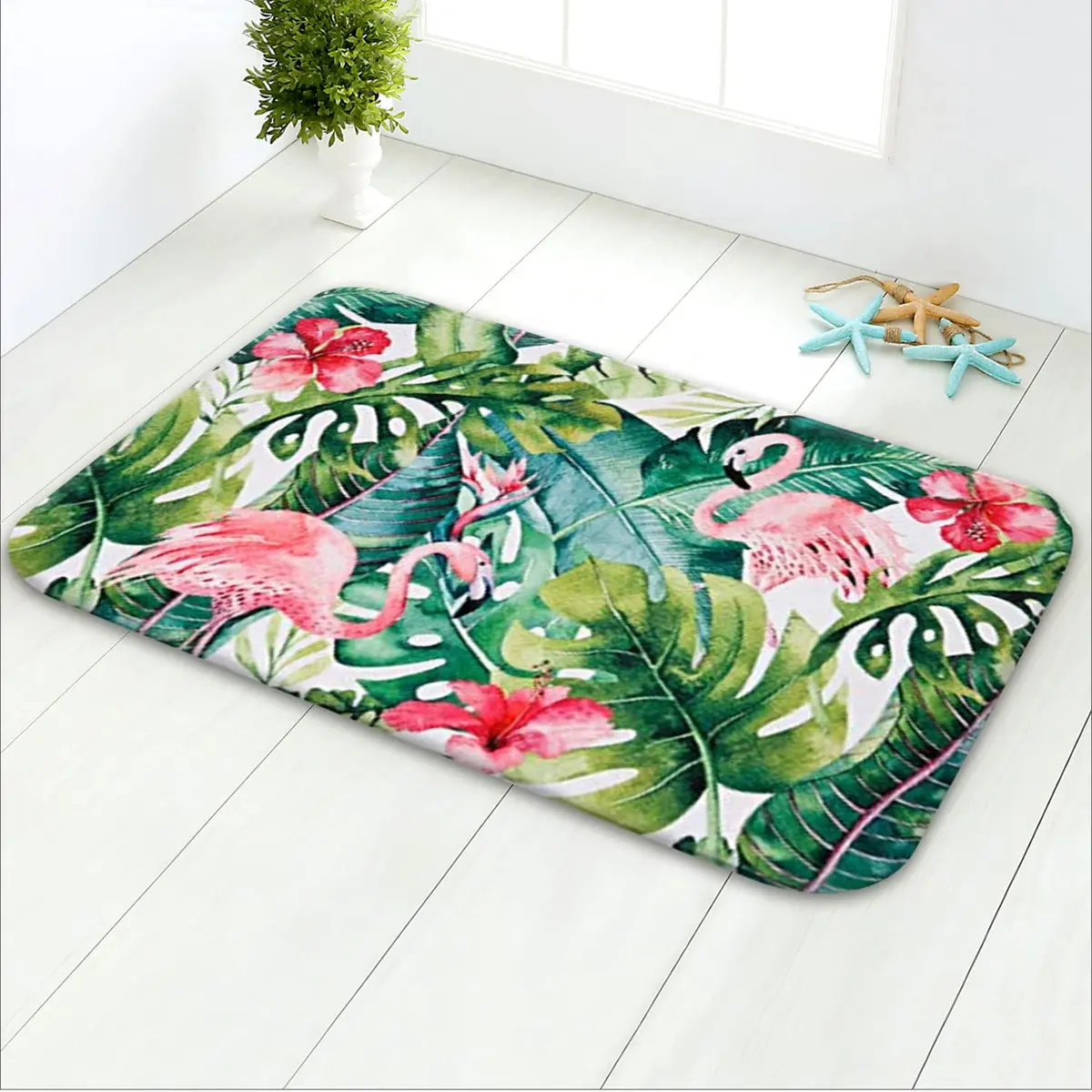LIVILAN Tropical Leaf Bathroom Rug 40cm x 60cm | Soft Memory Foam, Quick Dry, Non-Slip PVC Backing - main product image
