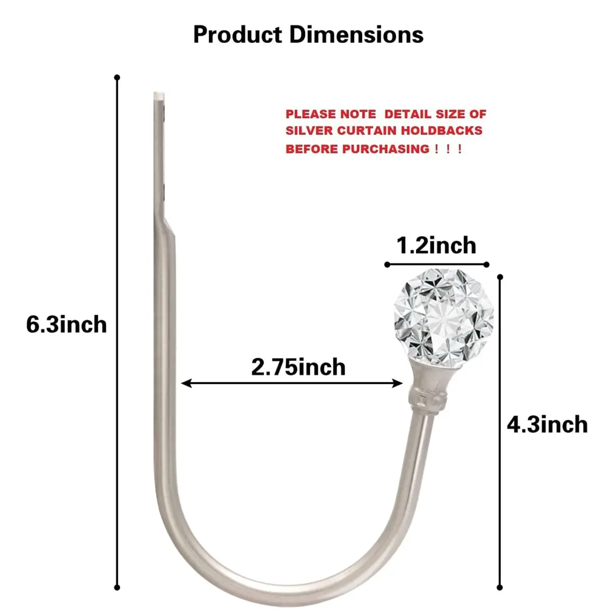 KOLAKO Crystal Ball Curtain Holdbacks, U Shaped Wall Mounted Drapery Hooks with Crystal Ball, 2-Pack Silver - view 2