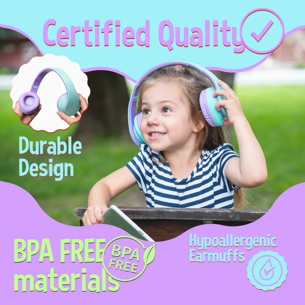 PowerLocus Kids Over-Ear Headphones Bluetooth Wireless | Safe 85DB, Foldable, 15H Play, Micro SD Mode - view 3